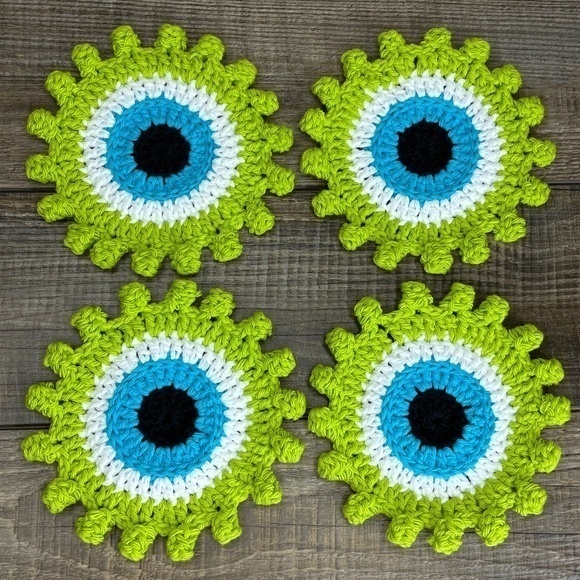 Hand Crafted Other - Evil Eye Halloween Monster Coasters Cup Mug Cotton Set of 4 Handcrafted Crochet